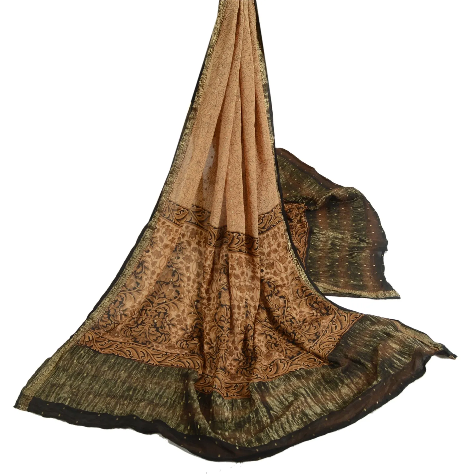 Sanskriti Vintage Brown Long Dupatta Stole 100% Pure Silk Woven Zari Scarves