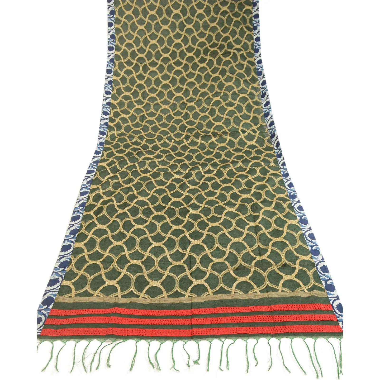 Sanskriti Vintage Dupatta Long Stole Art Silk Green Embroidered Woven Scarves