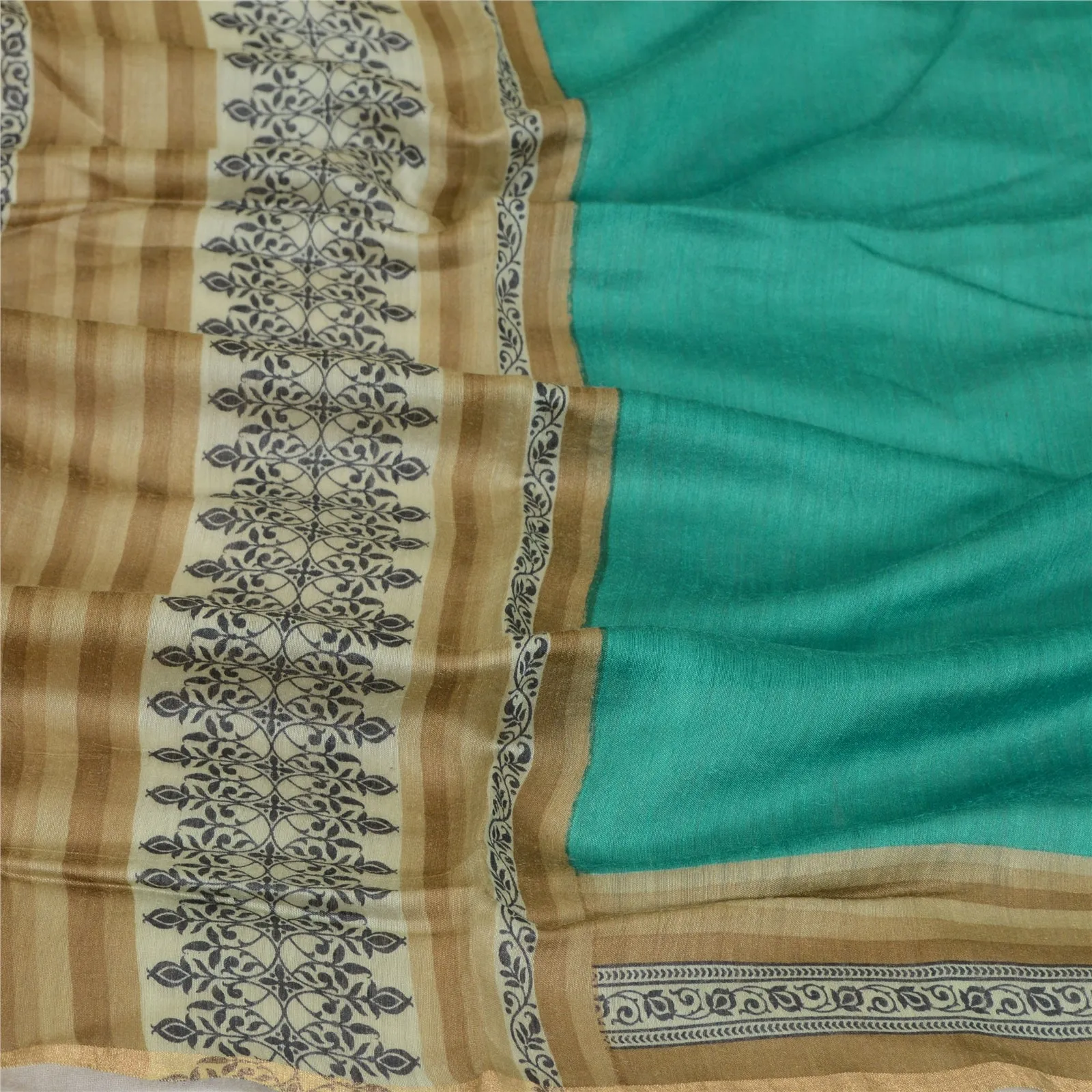 Sanskriti Vintage Dupatta Long Stole Brown/Turquoise Pure Silk Printed Scarves