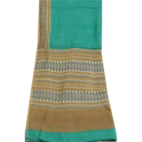 Sanskriti Vintage Dupatta Long Stole Brown/Turquoise Pure Silk Printed Scarves