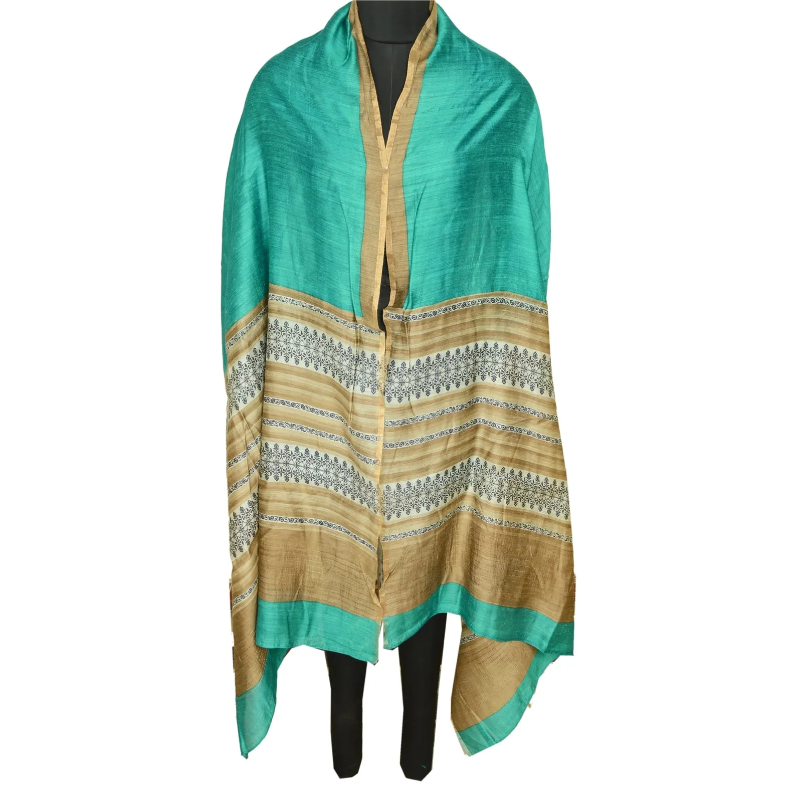 Sanskriti Vintage Dupatta Long Stole Brown/Turquoise Pure Silk Printed Scarves