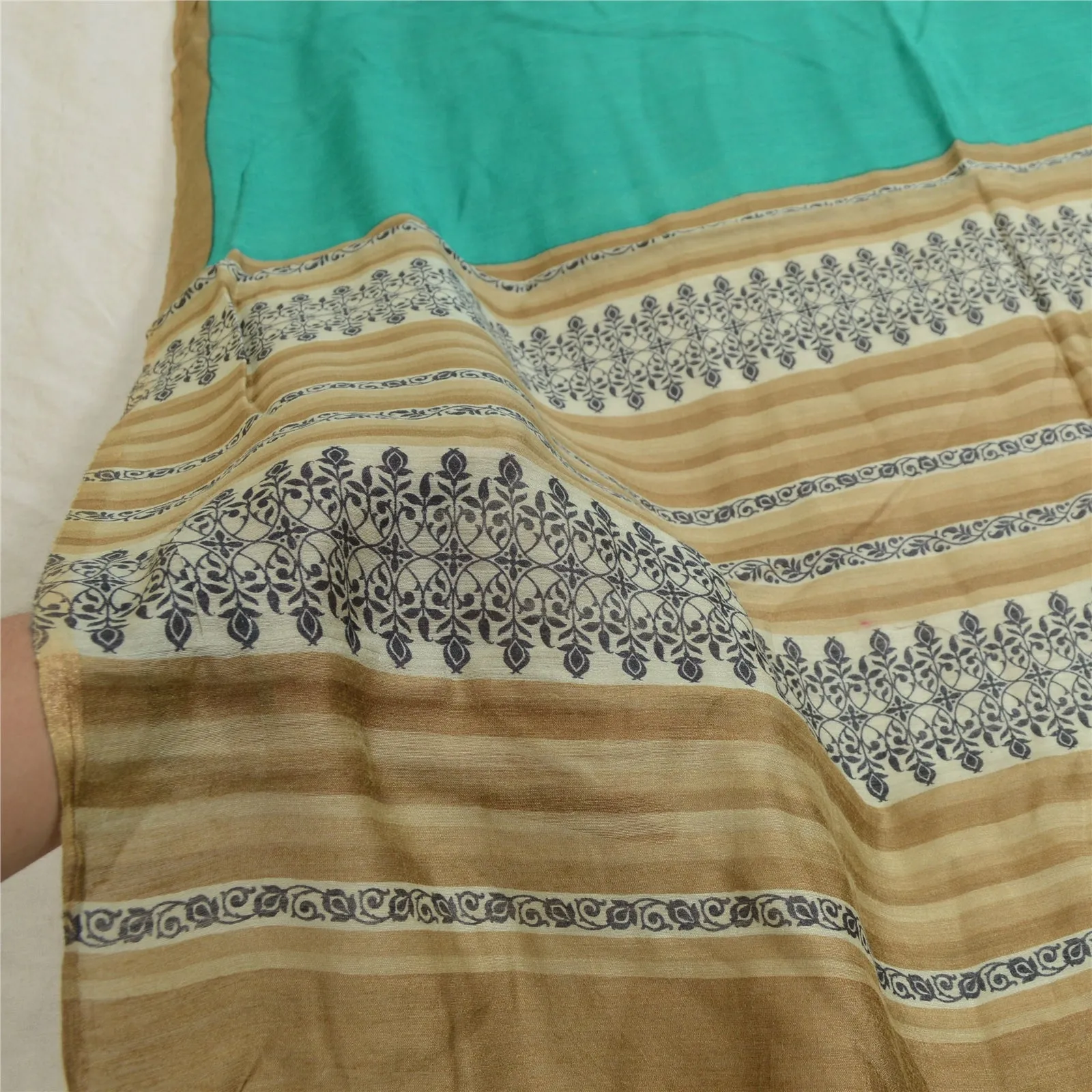 Sanskriti Vintage Dupatta Long Stole Brown/Turquoise Pure Silk Printed Scarves