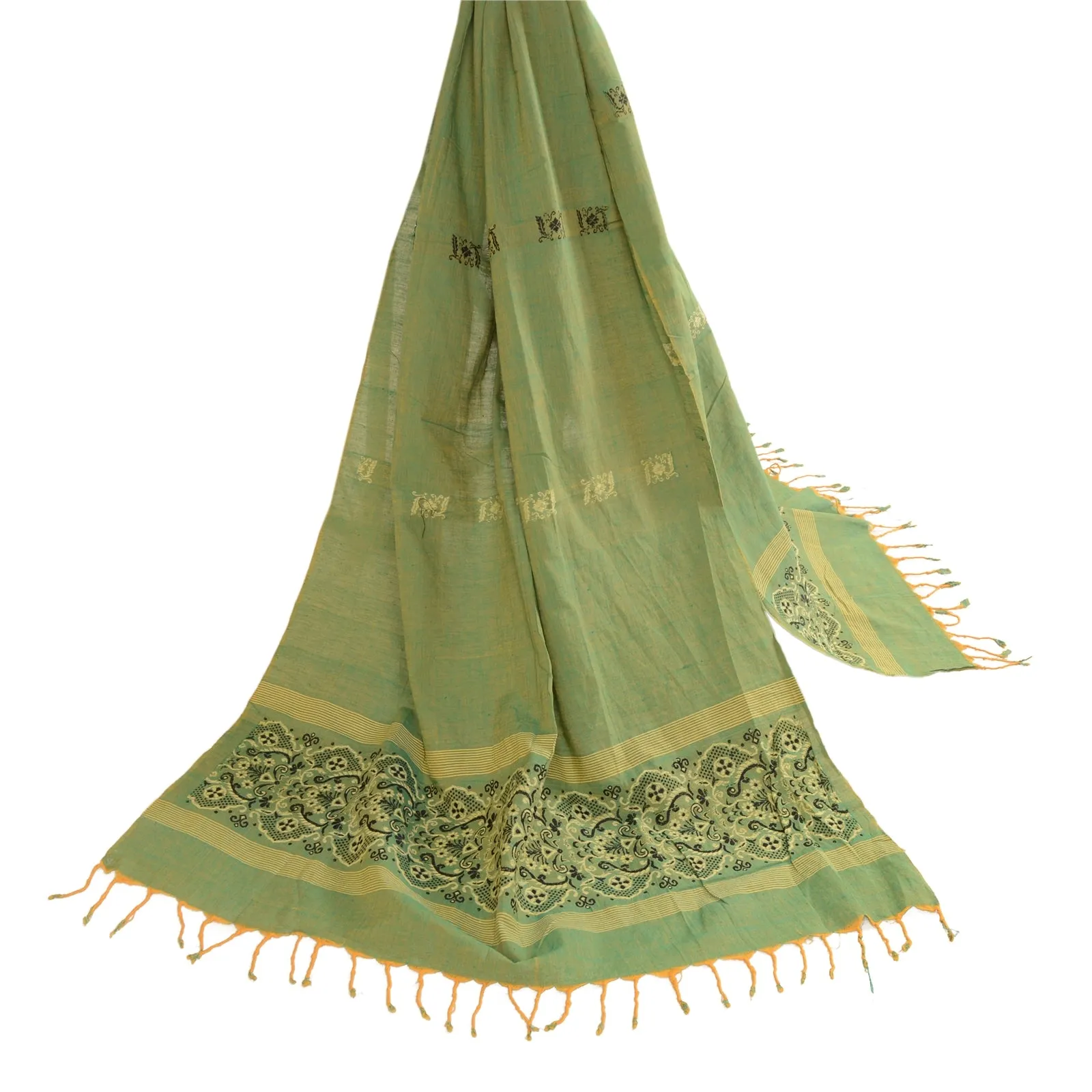 Sanskriti Vintage Dupatta Long Stole Pure Cotton Green Hijab Woven Scarves