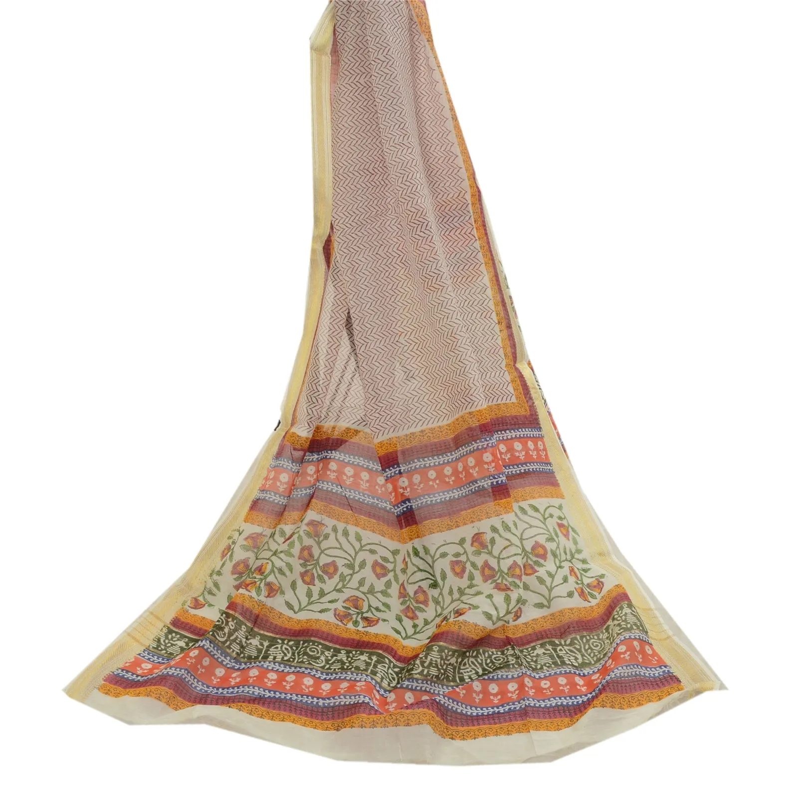 Sanskriti Vintage Ivory Long Dupatta Stole Blend Silk Printed Floral Scarves