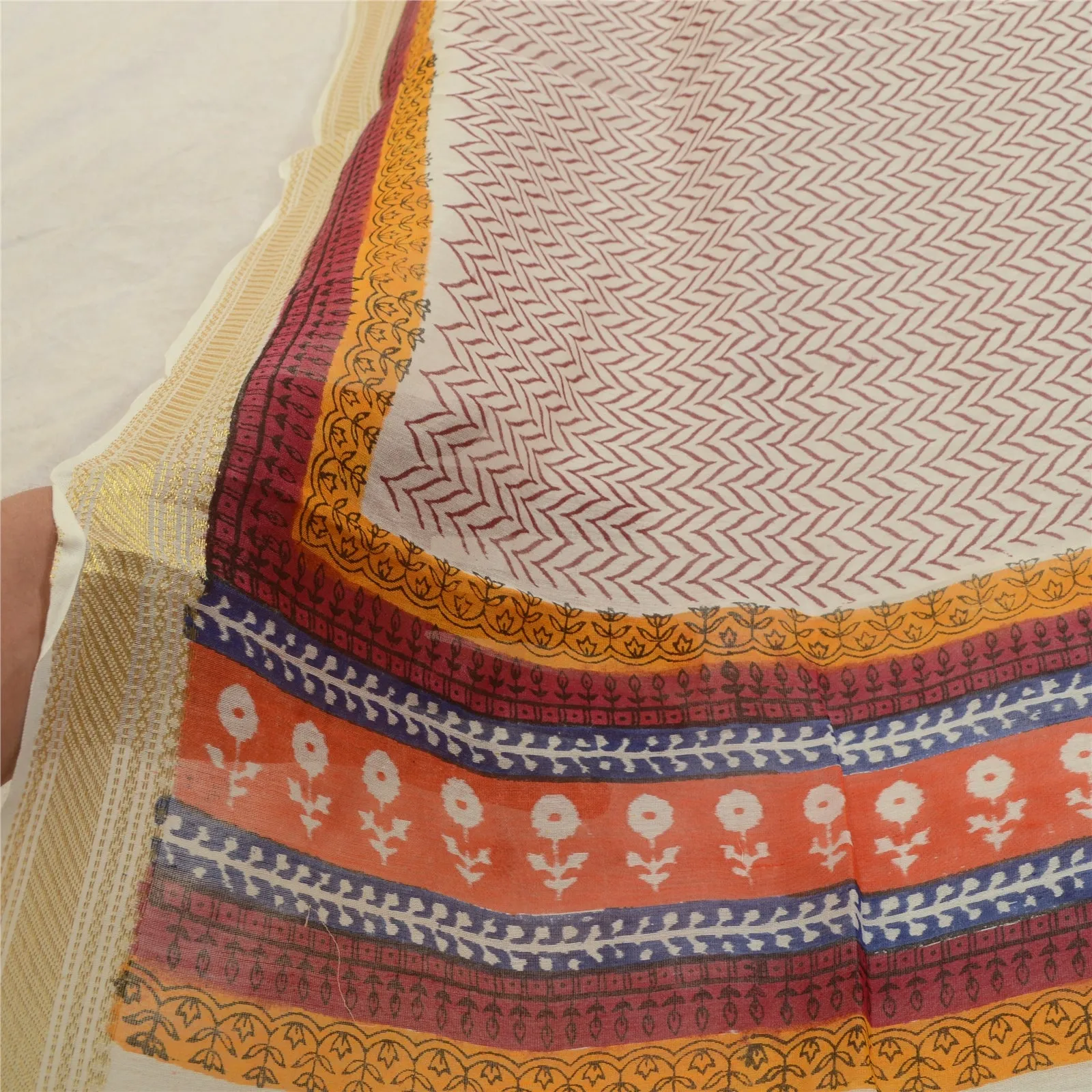 Sanskriti Vintage Ivory Long Dupatta Stole Blend Silk Printed Floral Scarves