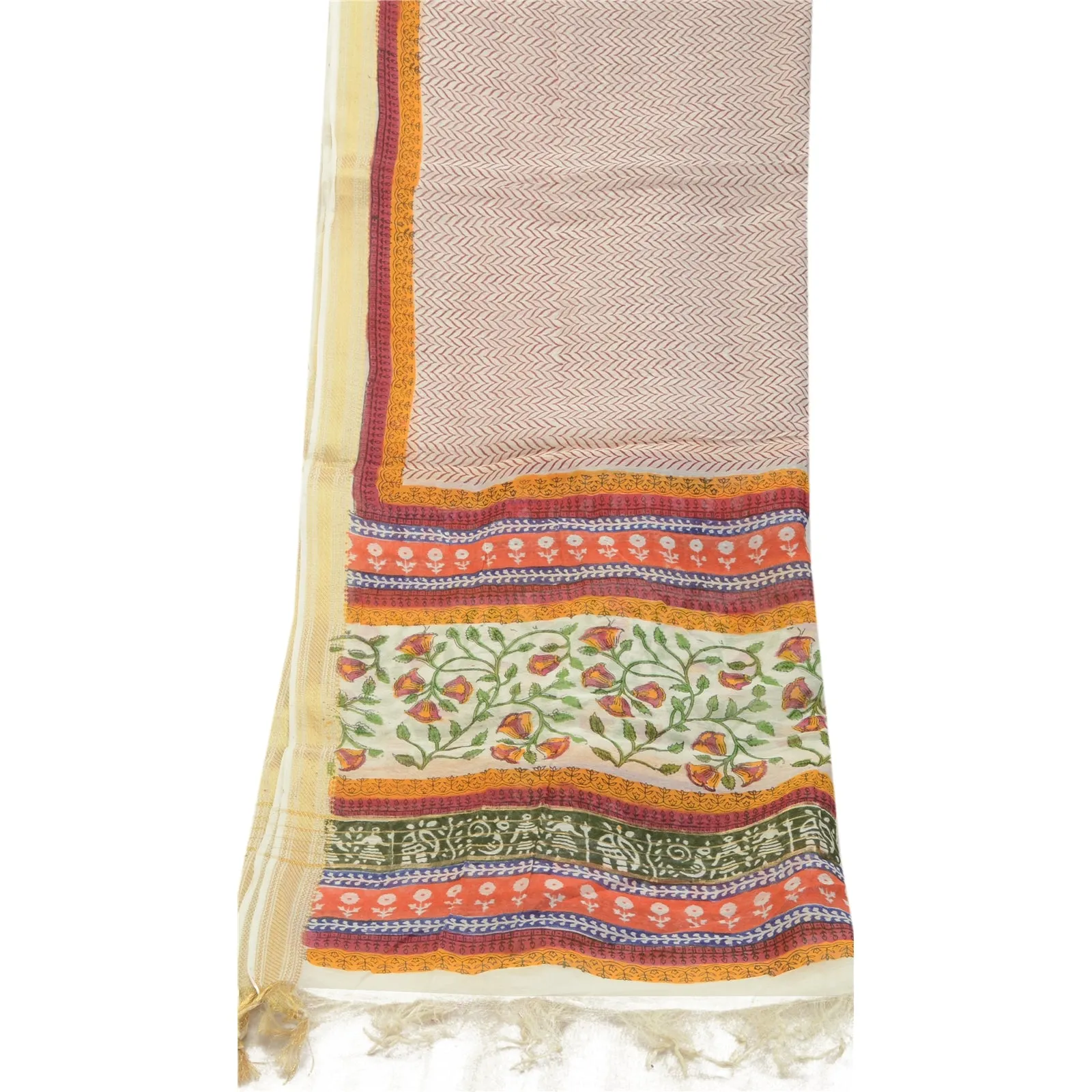 Sanskriti Vintage Ivory Long Dupatta Stole Blend Silk Printed Floral Scarves