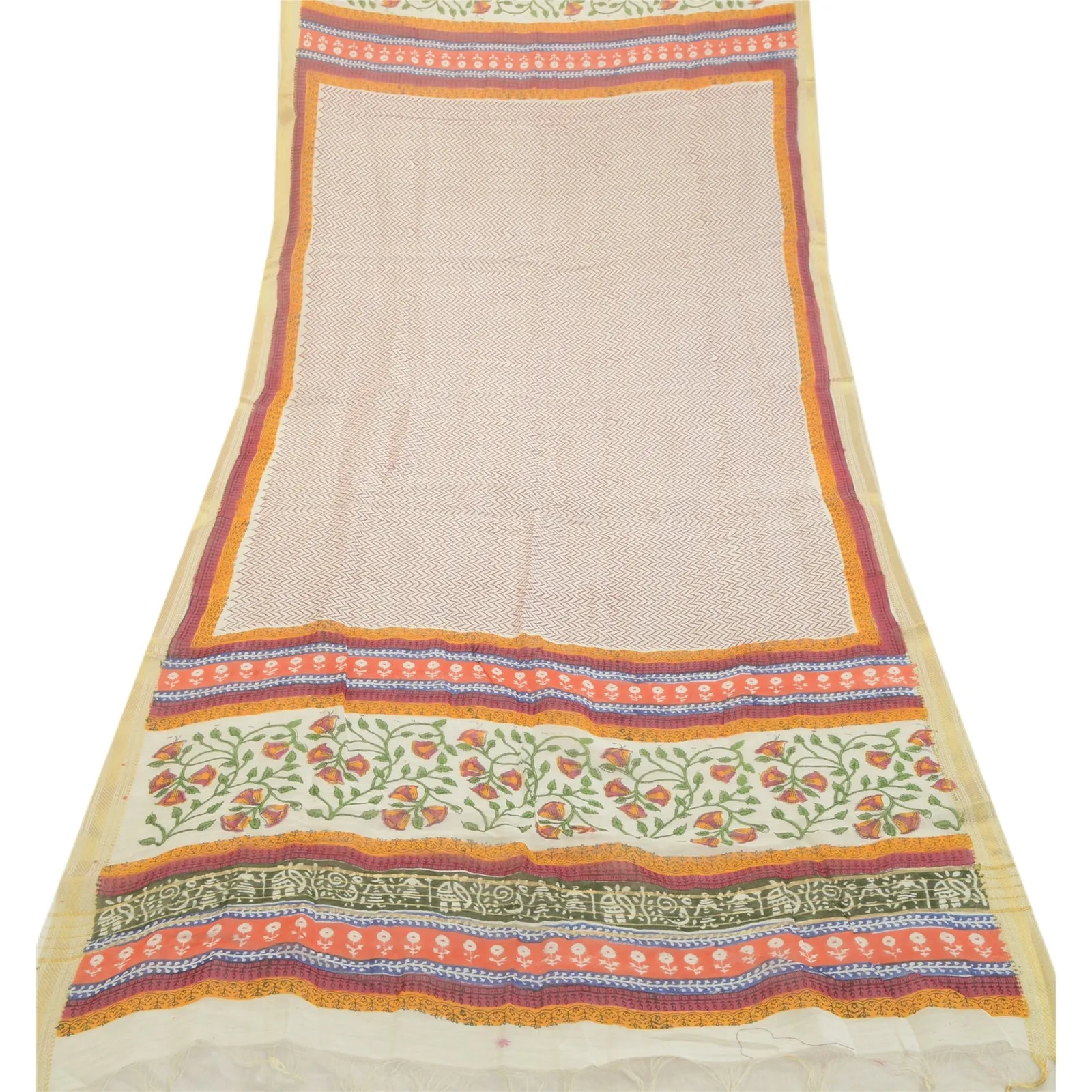 Sanskriti Vintage Ivory Long Dupatta Stole Blend Silk Printed Floral Scarves