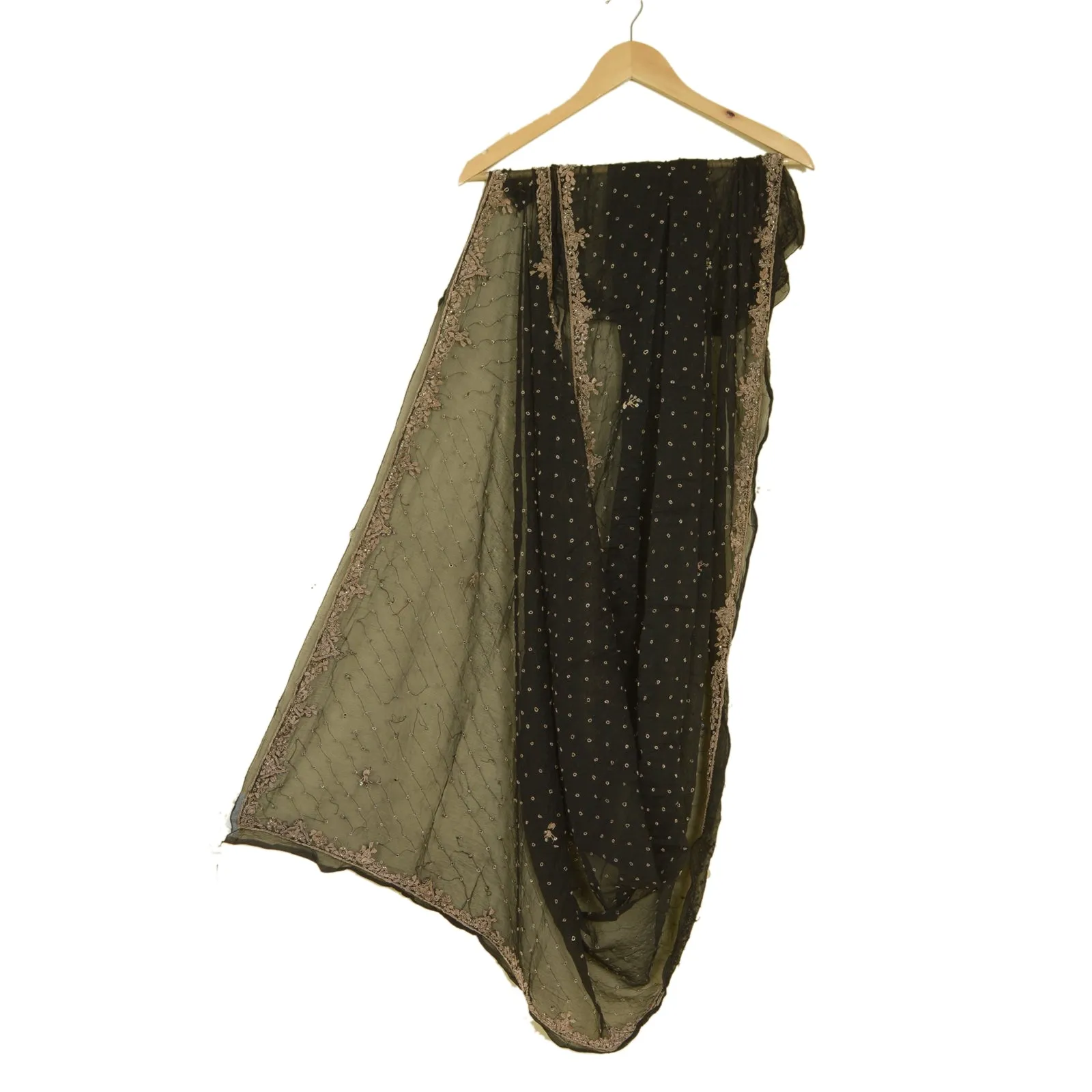 Sanskriti Vintage Long Black Dupatta/Stole Pure Chiffon Silk Hand Beaded Scarves