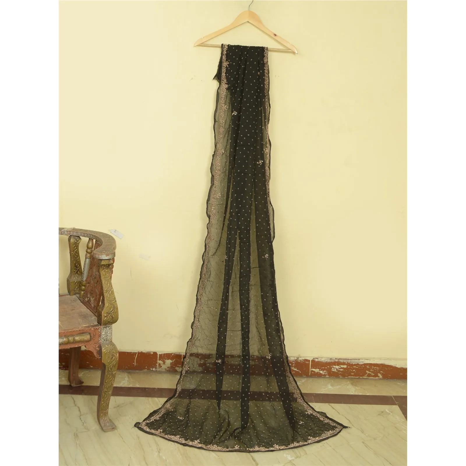 Sanskriti Vintage Long Black Dupatta/Stole Pure Chiffon Silk Hand Beaded Scarves