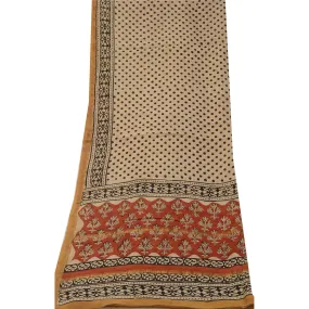 Sanskriti Vintage Long Cream Dupatta/Stole Blend Silk Block Printed Wrap Scarves