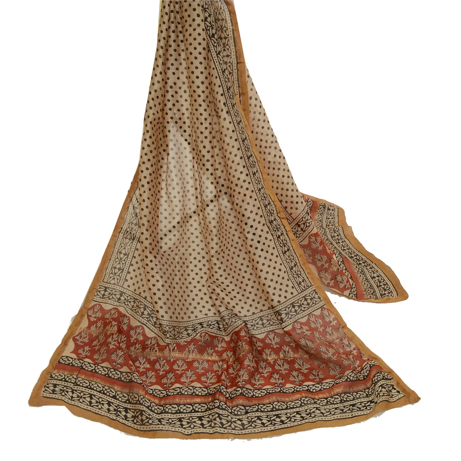 Sanskriti Vintage Long Cream Dupatta/Stole Blend Silk Block Printed Wrap Scarves