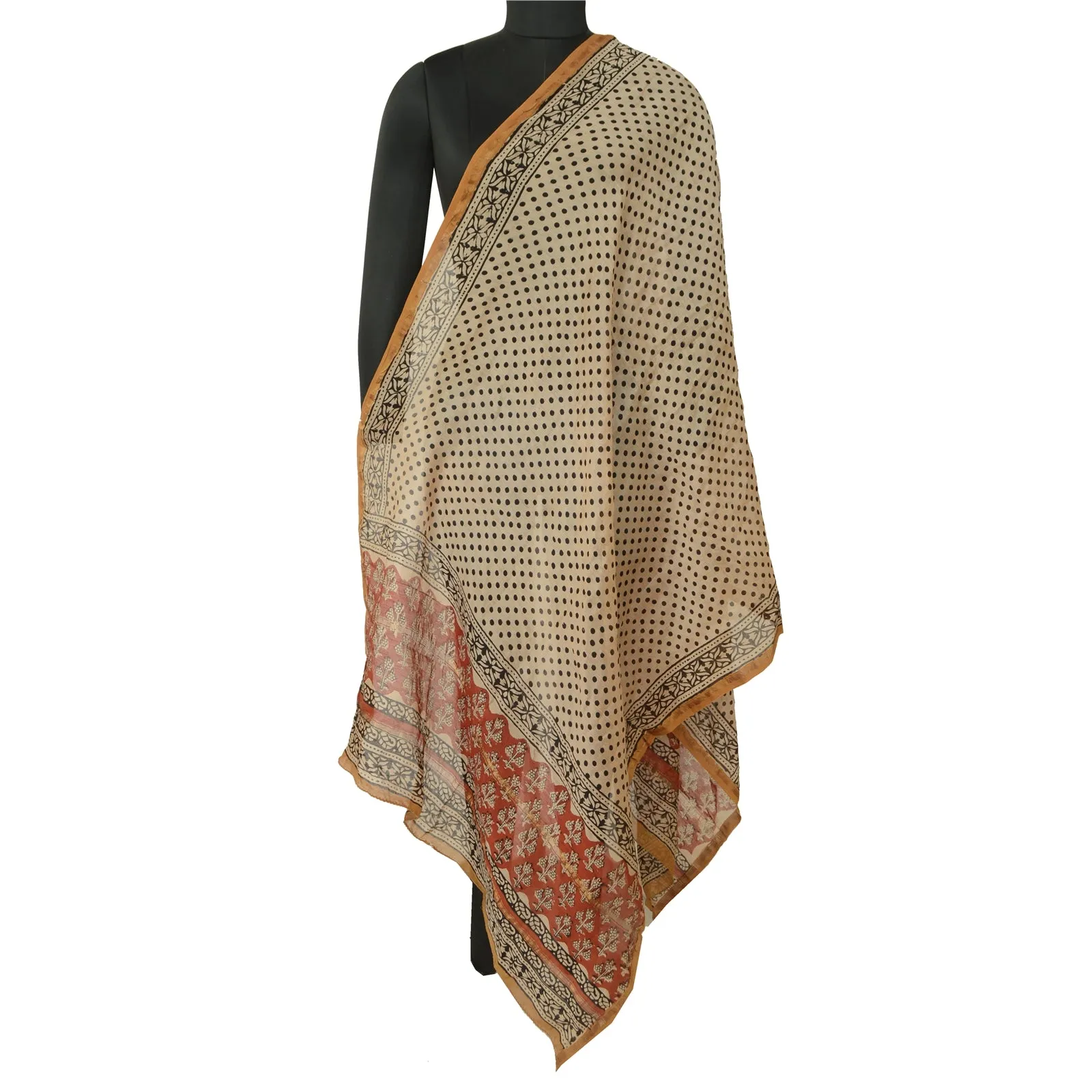 Sanskriti Vintage Long Cream Dupatta/Stole Blend Silk Block Printed Wrap Scarves