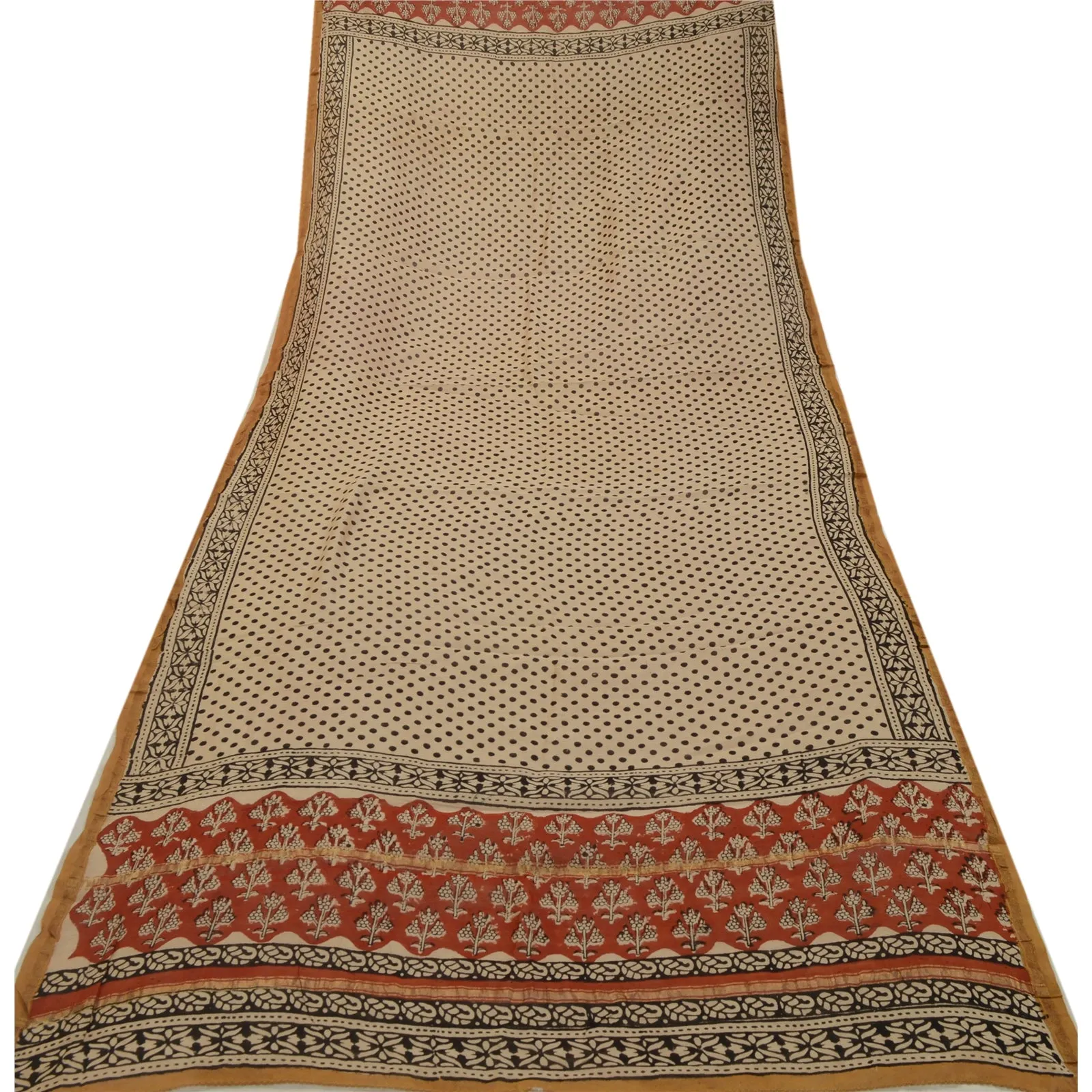 Sanskriti Vintage Long Cream Dupatta/Stole Blend Silk Block Printed Wrap Scarves