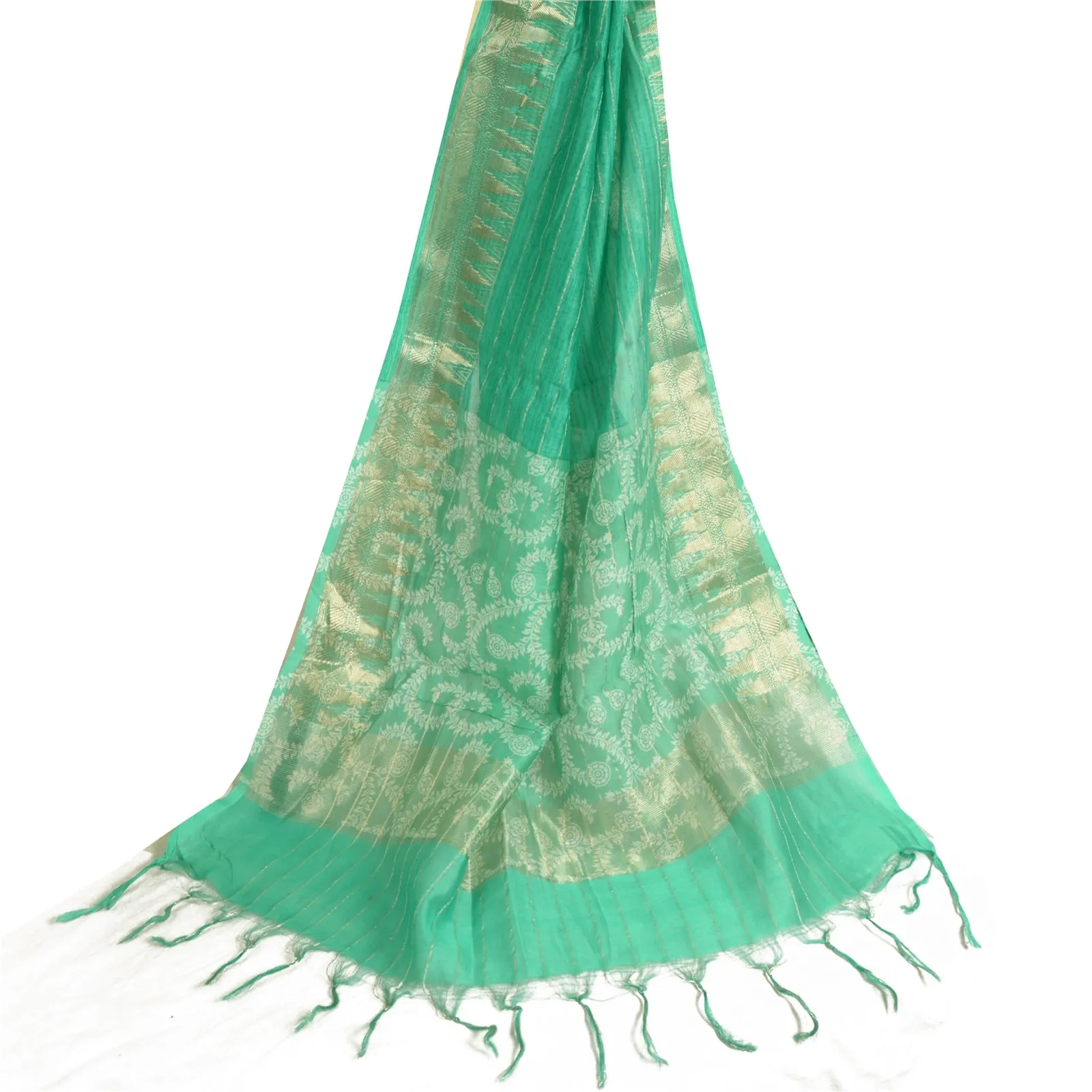 Sanskriti Vintage Long Dupatta Stole Cotton Silk Green Printed Woven Scarves