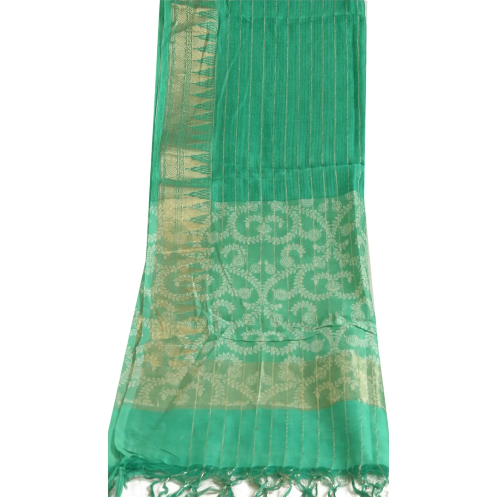 Sanskriti Vintage Long Dupatta Stole Cotton Silk Green Printed Woven Scarves