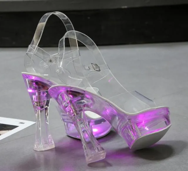 Summer Style Women's Transparent Glowing Floral Pumps with Thick High Heels