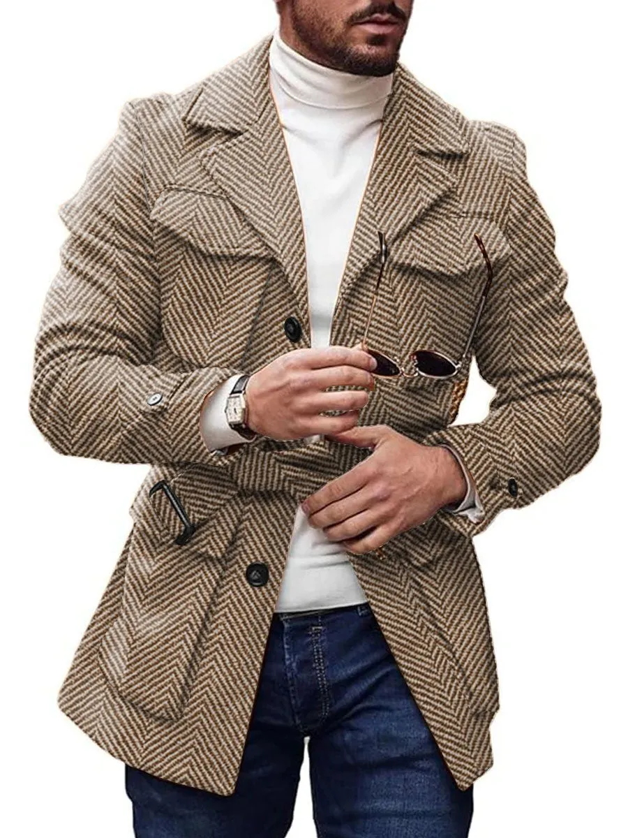 Vintage 4-Pocket Lapel Lace-Up Casual Herringbone Woolen Coat