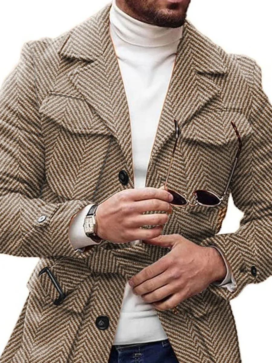 Vintage 4-Pocket Lapel Lace-Up Casual Herringbone Woolen Coat