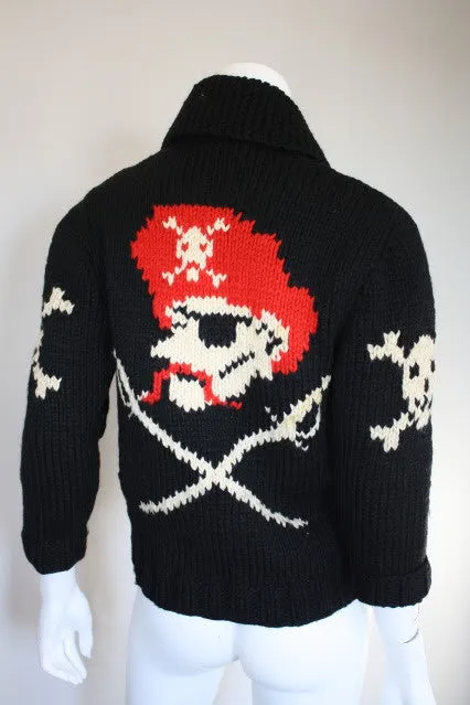 Vintage Hand Knit Black Wool Sweater with Pirate, Skull & Cross Bones, & Ships