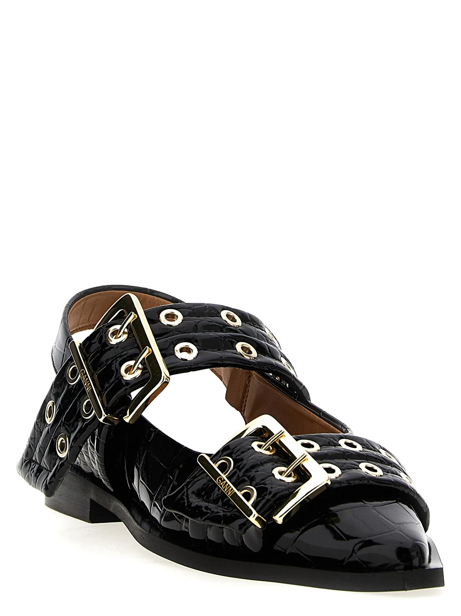 Wide Belt Buckle Flat Shoes Black