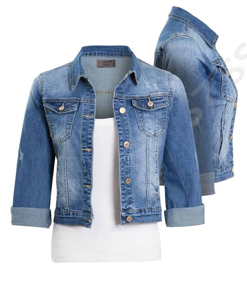 Womens 3/4 sleeve Stretch Fitted Denim Jacket, Sizes 6 to 12