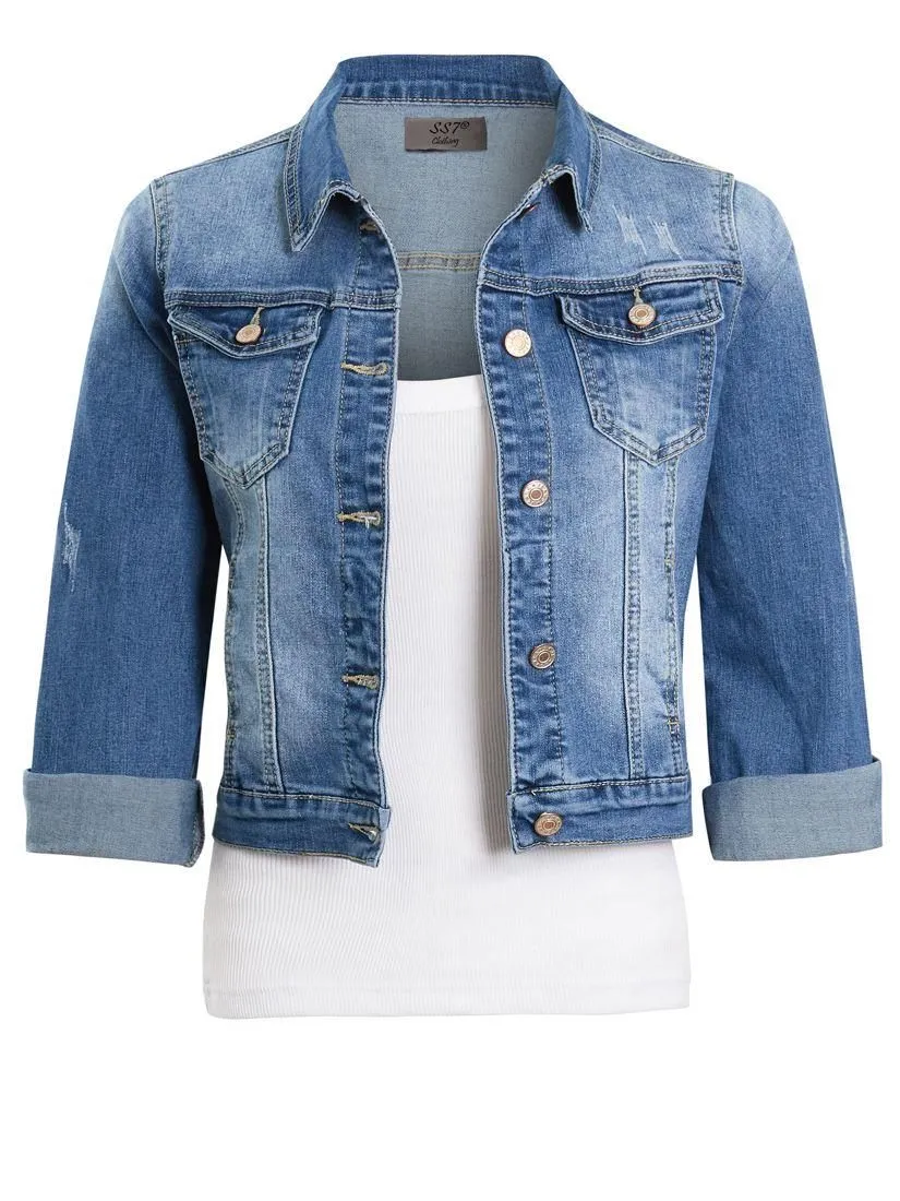 Womens 3/4 sleeve Stretch Fitted Denim Jacket, Sizes 6 to 12