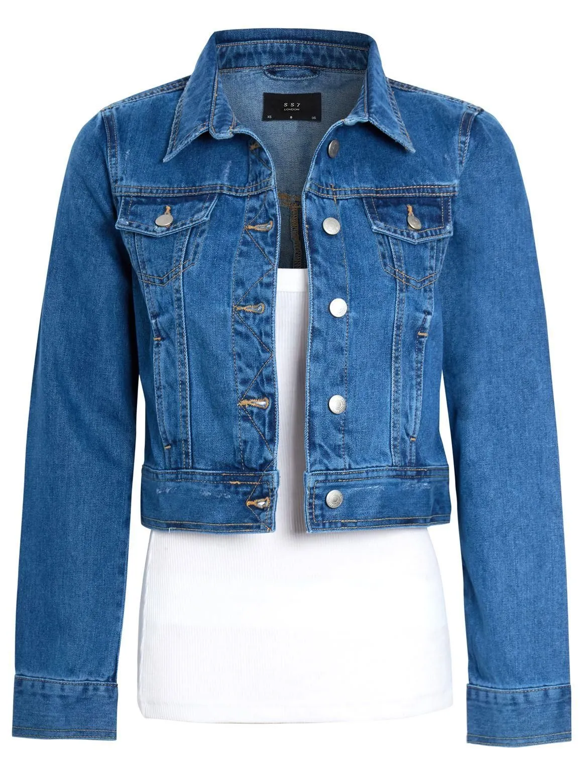 Womens Cropped Denim Jacket, Mid Blue, UK sizes 8 to 16