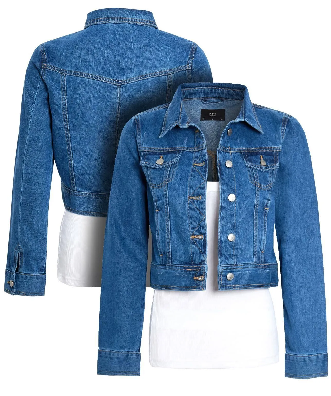 Womens Cropped Denim Jacket, Mid Blue, UK sizes 8 to 16