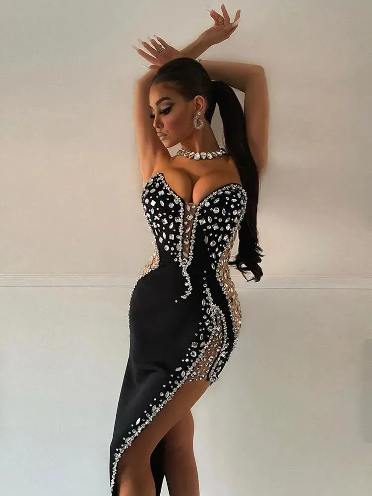 Women's Luxurious Diamond Decor Sexy Strapless Mesh Bodycon Bandage Dress