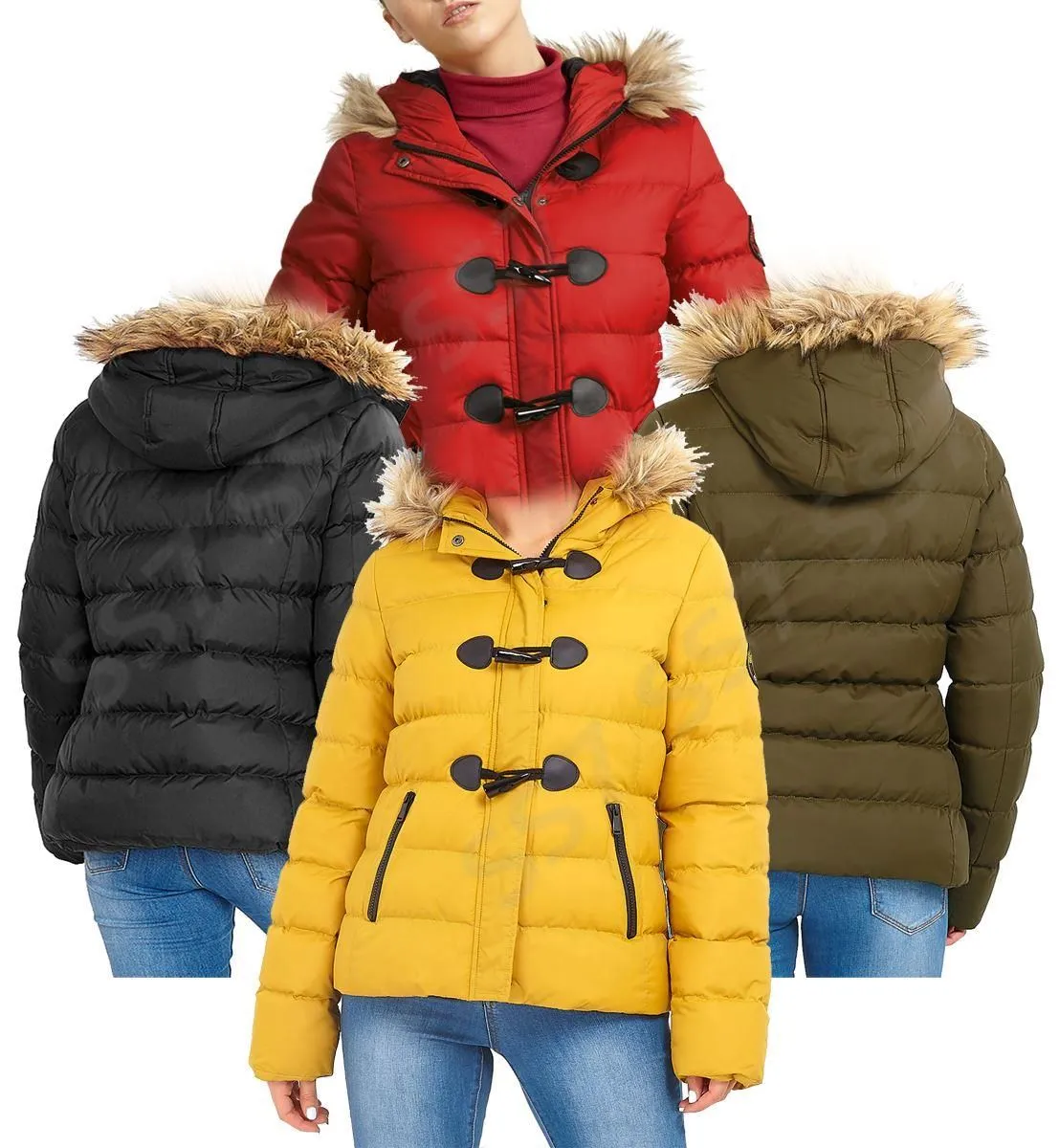 Womens Puffer Jacket Padded Parka with Faux Fur Trim, Mustard, Black, Red, Khaki, Plus Sizes 18 to 24