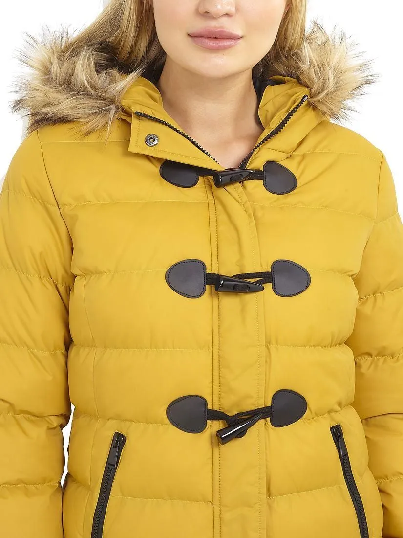 Womens Puffer Jacket Padded Parka with Faux Fur Trim, Mustard, Black, Red, Khaki, Plus Sizes 18 to 24