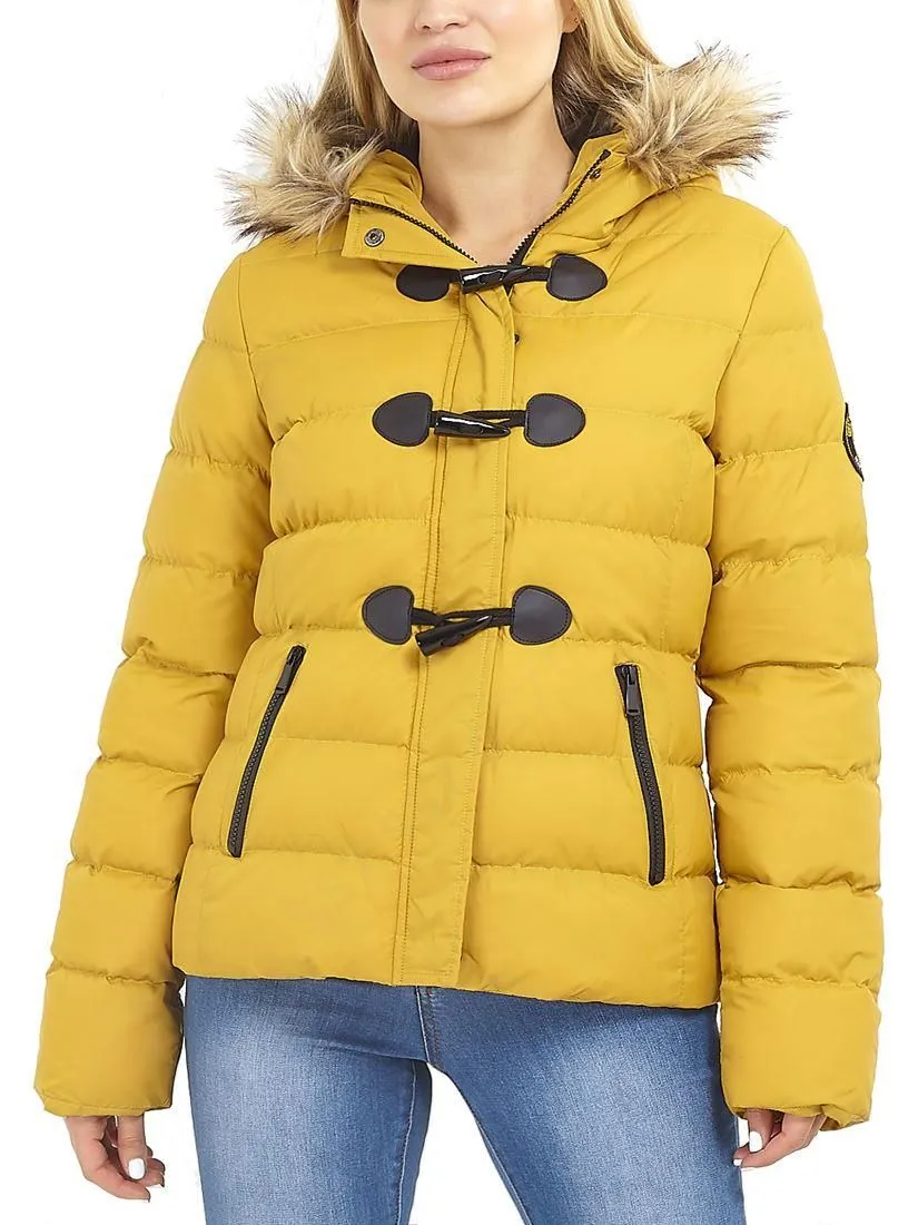 Womens Puffer Jacket Padded Parka with Faux Fur Trim, Mustard, Black, Red, Khaki, Plus Sizes 18 to 24