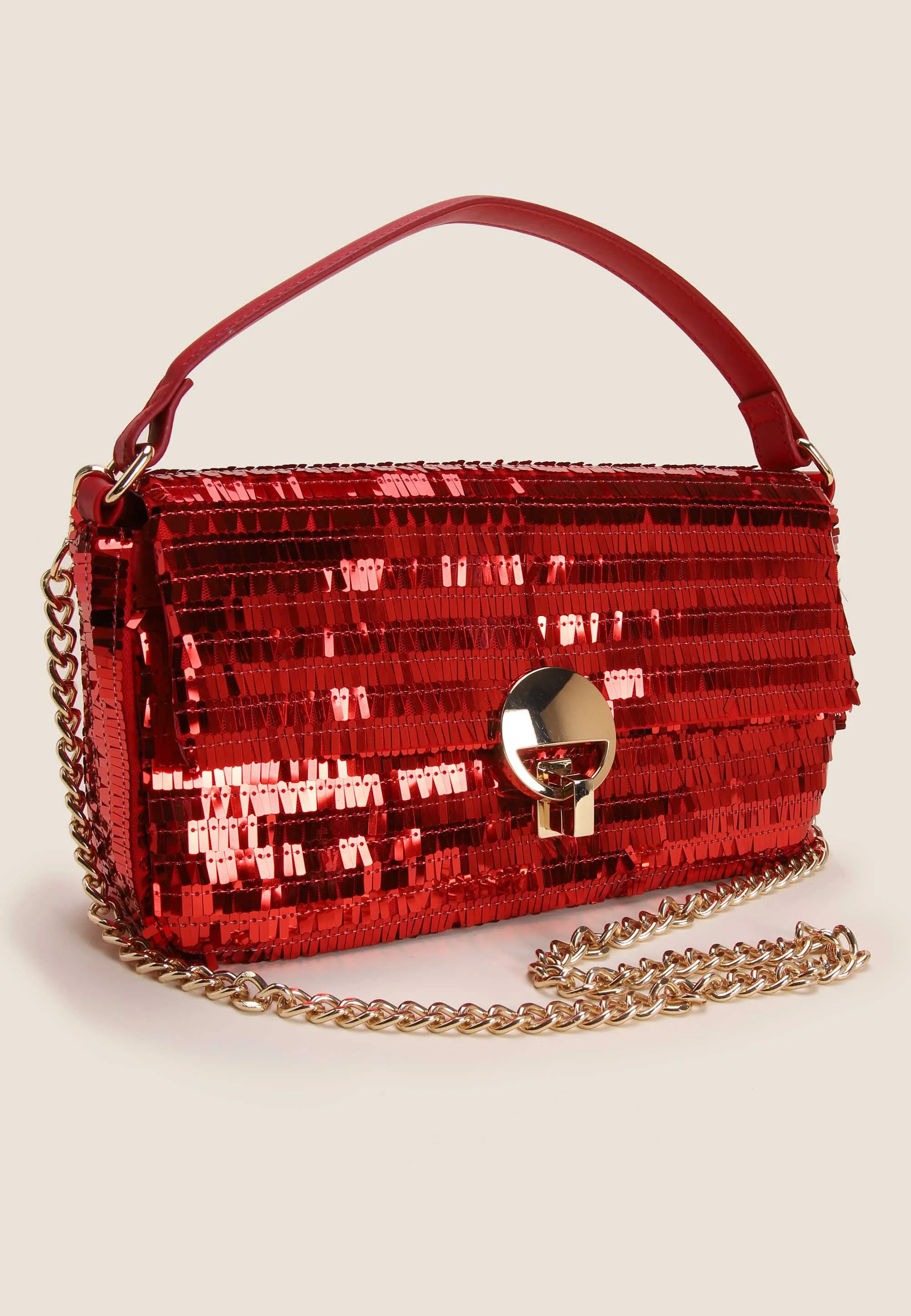 Womens Red All Over Sequin Handle Bag