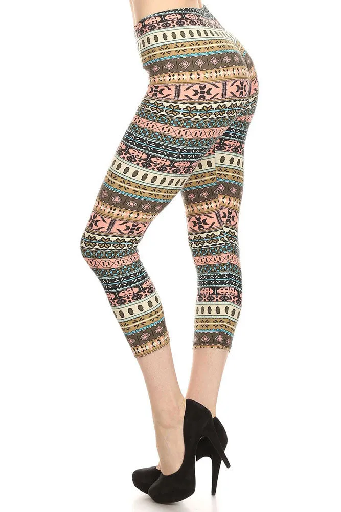 Women's Regular Small Navajo Pattern Print Capri Leggings - Grey Pink Sky