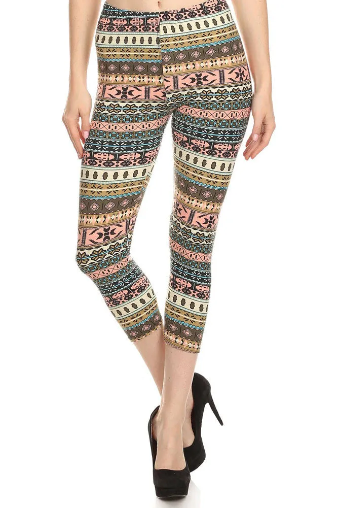 Women's Regular Small Navajo Pattern Print Capri Leggings - Grey Pink Sky