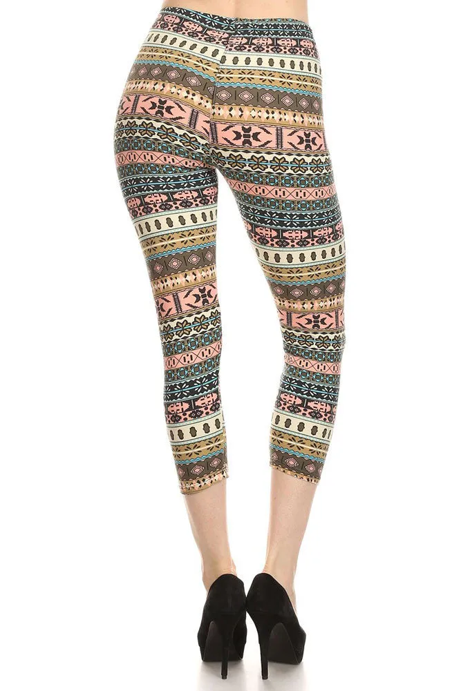 Women's Regular Small Navajo Pattern Print Capri Leggings - Grey Pink Sky