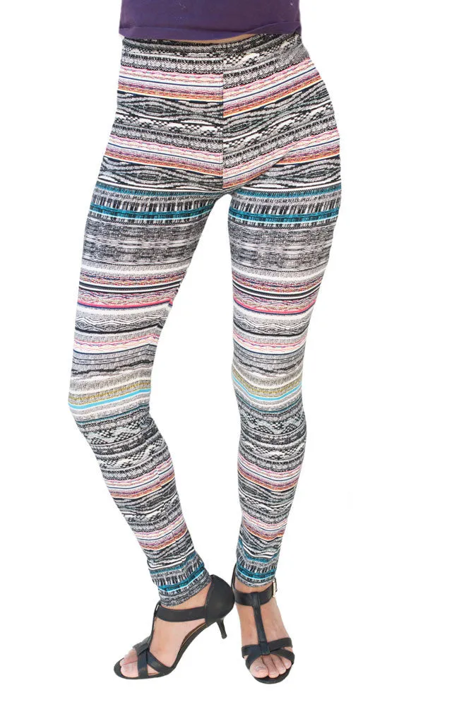 Women's Regular Striped Pattern Print Leggings with Elastic Waist - Blue Pink