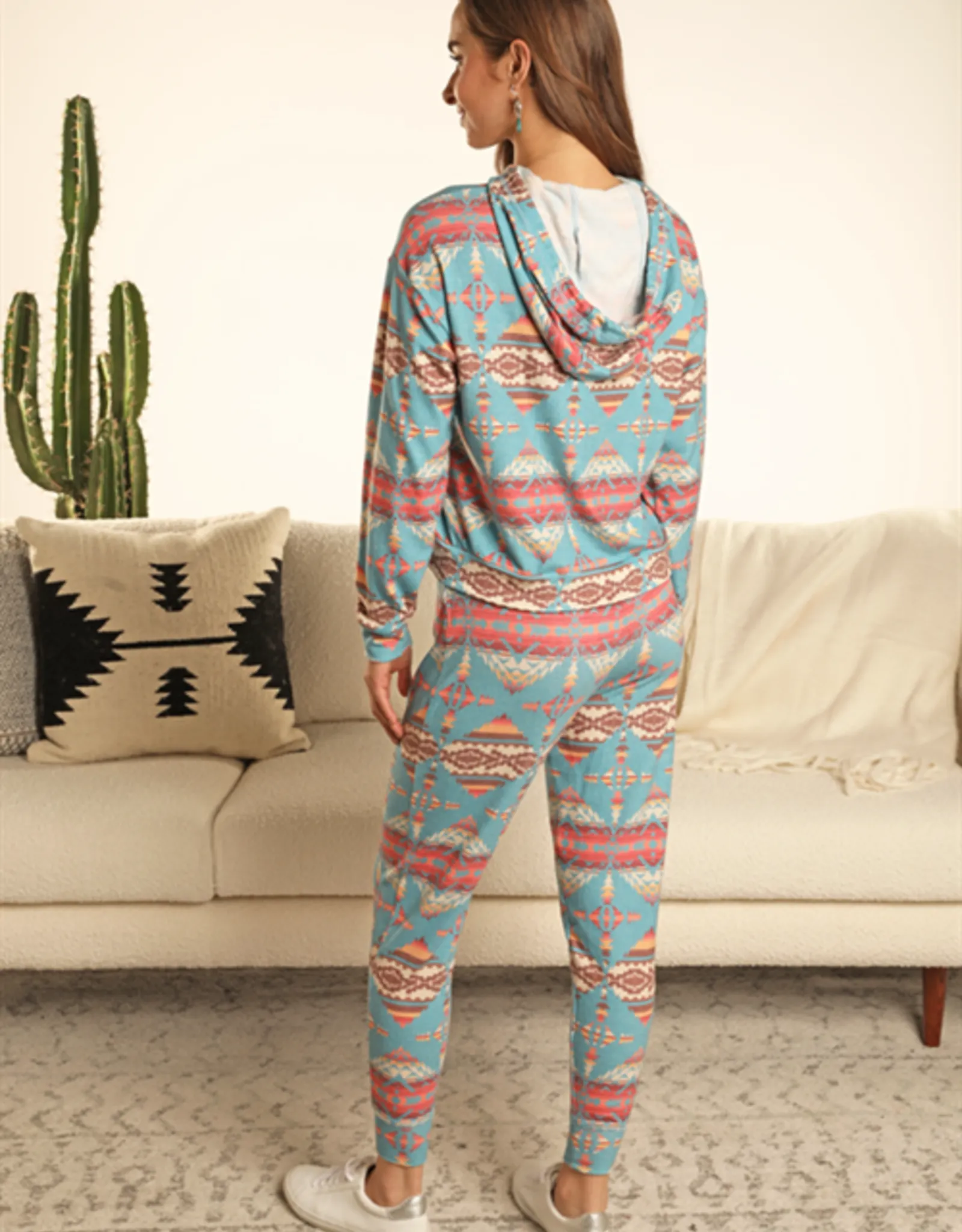 Womens Turquoise Aztec Ranch Lounge Wear Jogger Pants