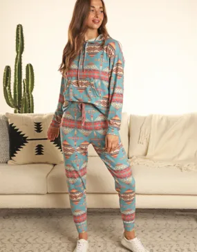 Womens Turquoise Aztec Ranch Lounge Wear Jogger Pants