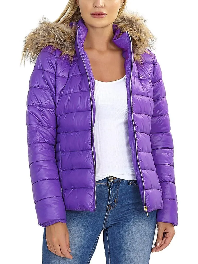 Womens Wet Look Puffer Jacket with Faux Fur, Purple, Black, Sizes 8 to 16