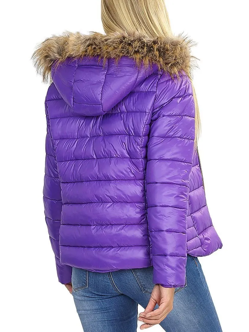 Womens Wet Look Puffer Jacket with Faux Fur, Purple, Black, Sizes 8 to 16