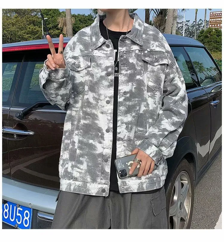 Xituodai Jackets Men Fashion Handsome Denim Outwear Spring Autumn Hip Hop High Street Tie Dye All-match Pockets Single Breasted 