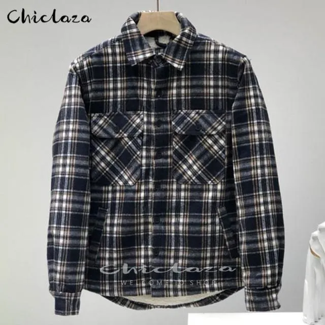 Xituodai Plaid Jacket Men's Autumn Winter Casual Fleece Warm Slim Fit Shirt Coats Male