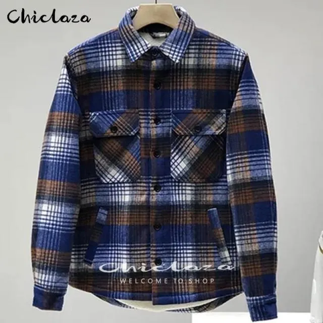 Xituodai Plaid Jacket Men's Autumn Winter Casual Fleece Warm Slim Fit Shirt Coats Male